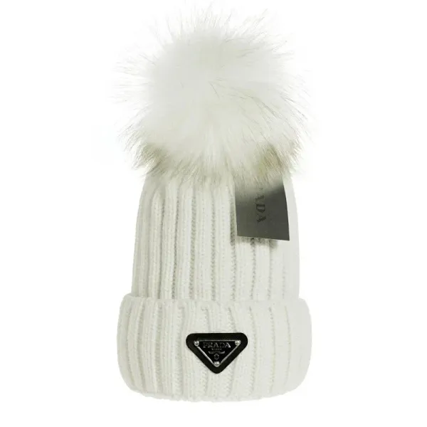 Prada Knit Beanie with Fur Pom-Pom White - 1
