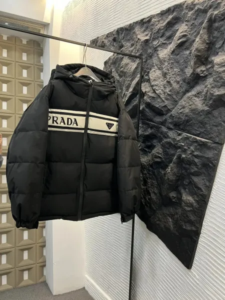Prada Re-Nylon Down Jacket Black with Logo Band - 1