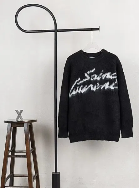 Saint Laurent Black Fuzzy Knit Sweater with Graffiti Logo - 1