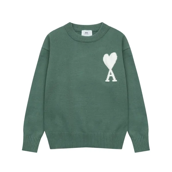 Ami Paris Heart Logo Sweater Army Green - 1