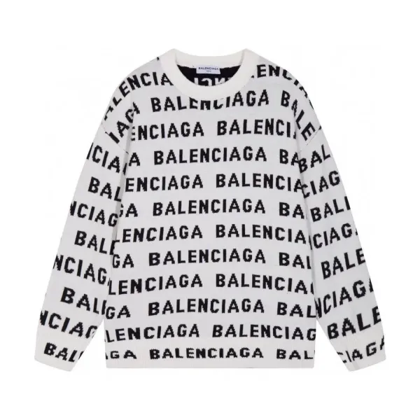 Balenciaga Logo Intarsia Knit Sweater White - 1
