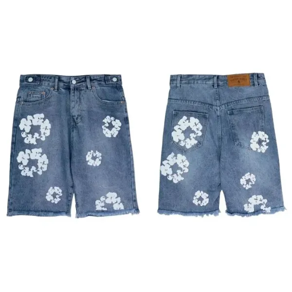 Denim Flower x Design Floral Print Distressed Denim Shorts - 1