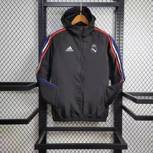 Adidas Real Madrid Windbreaker Black with Red and Blue Stripes Jacket - 1