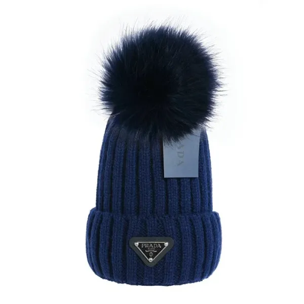 Prada Ribbed Knit Beanie with Fox Fur Pom-Pom Navy - 1