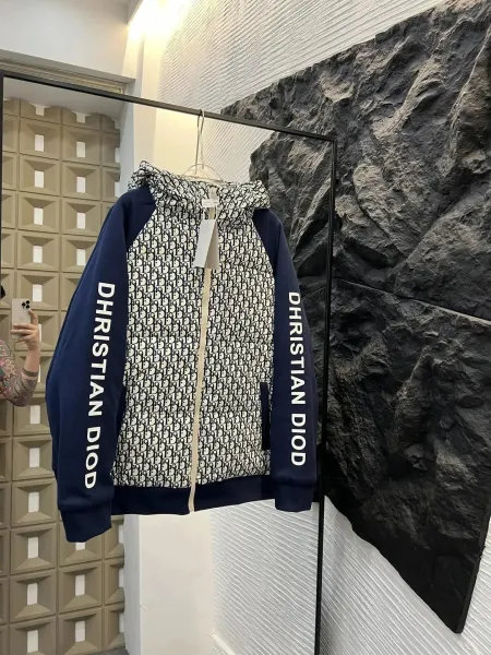 Dior Oblique Print Hooded Zip-Up Jacket Navy and White - 1