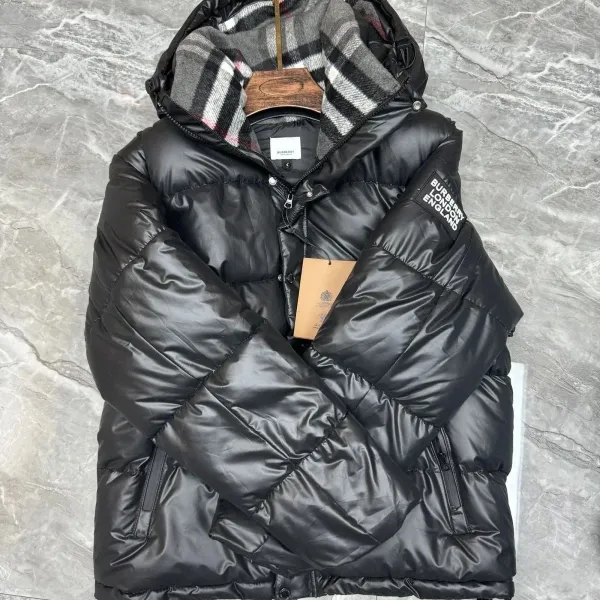 Burberry London England Down Jacket Black with Classic Check Hood - 1