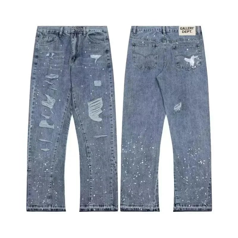 Distressed Ripped Denim Jeans with Paint Splatter Detail Blue Jeans - 8