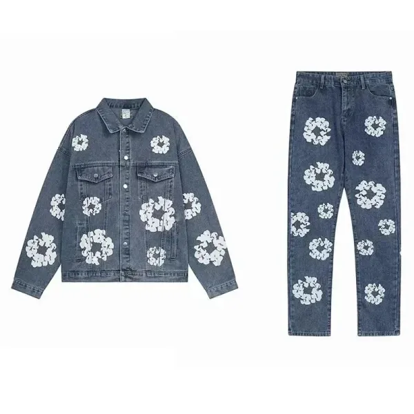 Denim Jacket and Jeans Set with White Floral Appliqué - 1
