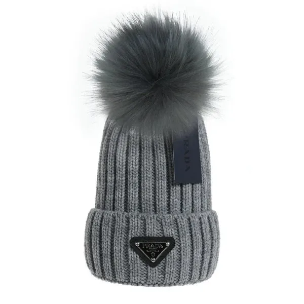 Prada Re-Nylon Beanie with Fox Fur Pom-Pom Gray - 1