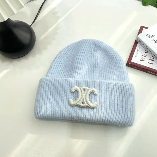 Celine Triomphe Logo Light Blue Knit Beanie - 1
