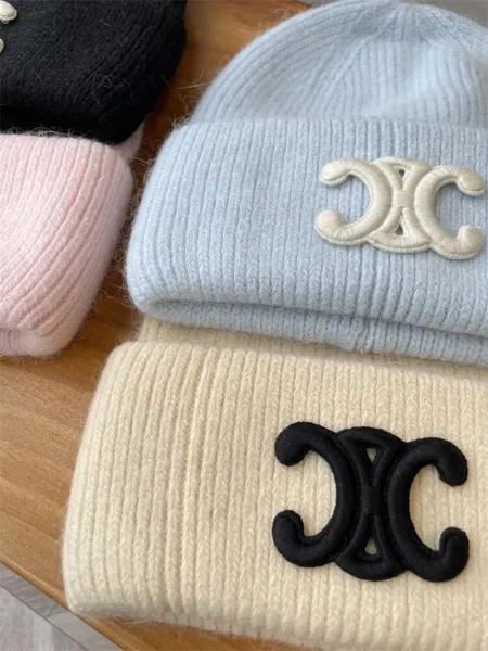 Celine Triomphe Logo Light Blue Knit Beanie - 5