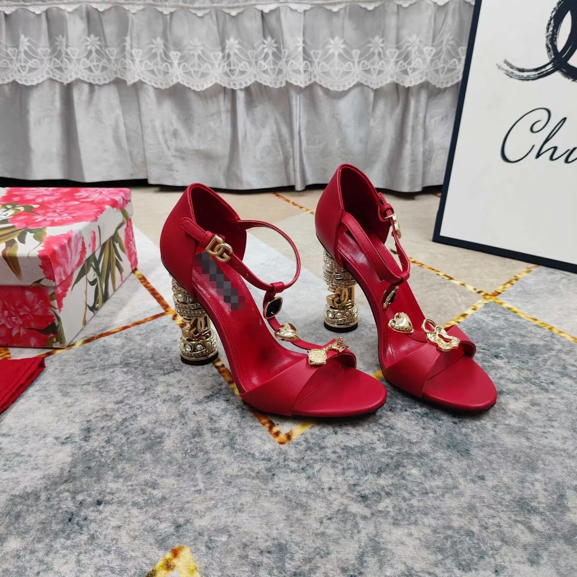 Chanel Red Leather T-Strap Sandals Pearl Crystal Sculptural Heel Gold Charms