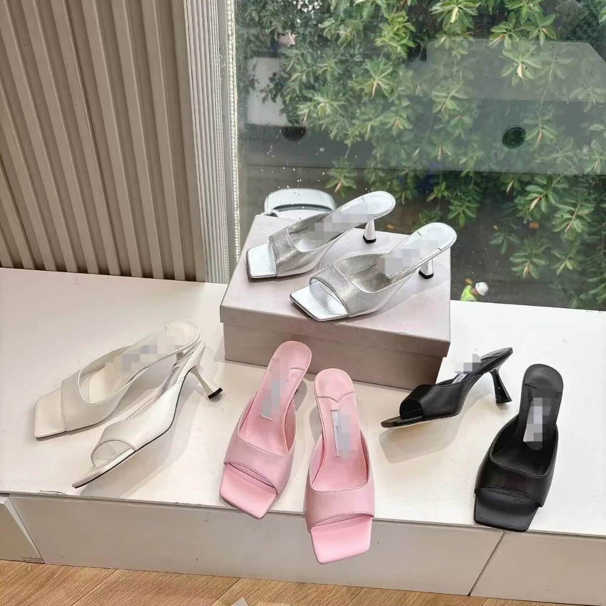 Amina Muaddi Women's Square Toe Mule Sandals Silver Metallic Kitten Heel