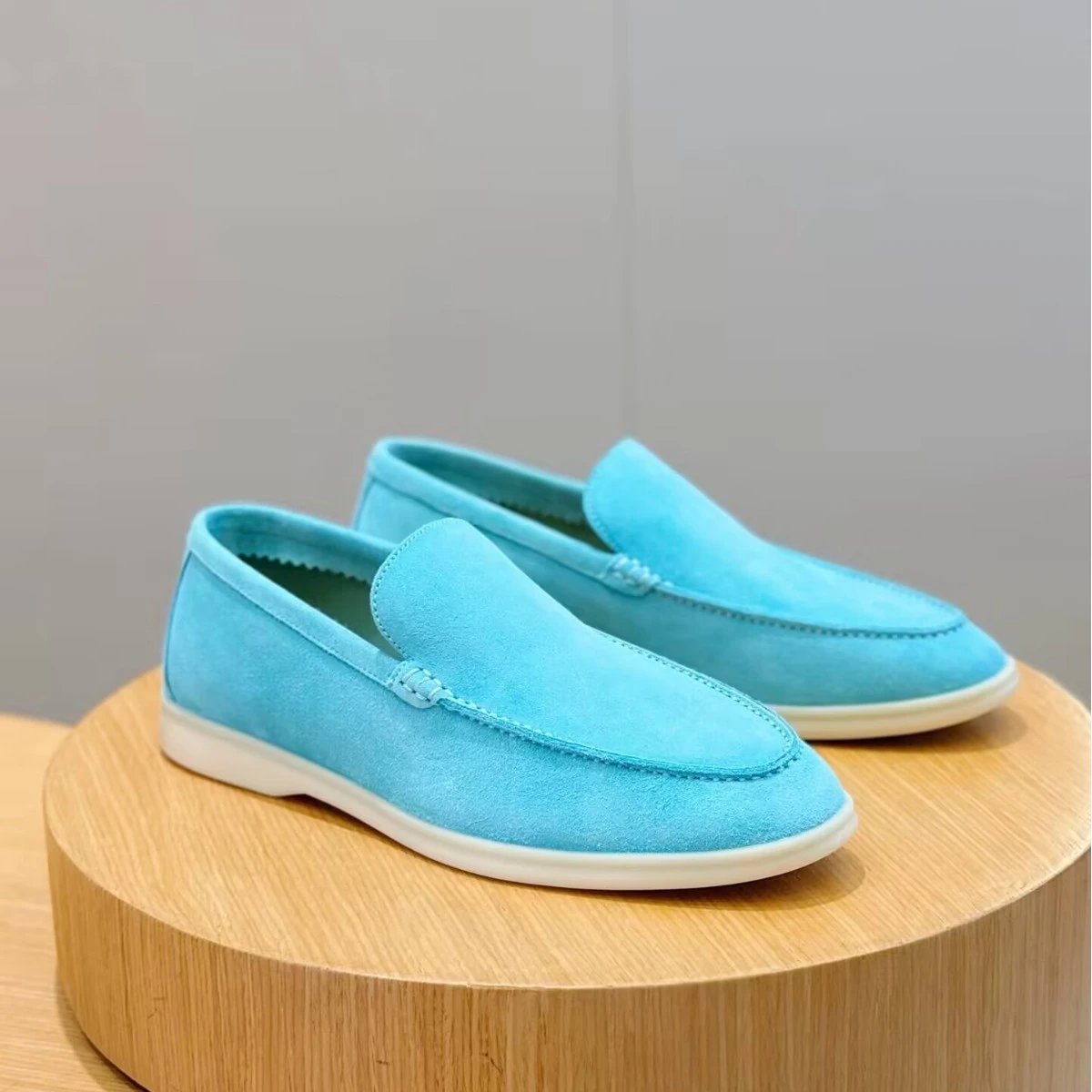 Men's Light Blue Suede Loafers Slip-On Moccasin Driving Shoes with White Rubber Sole