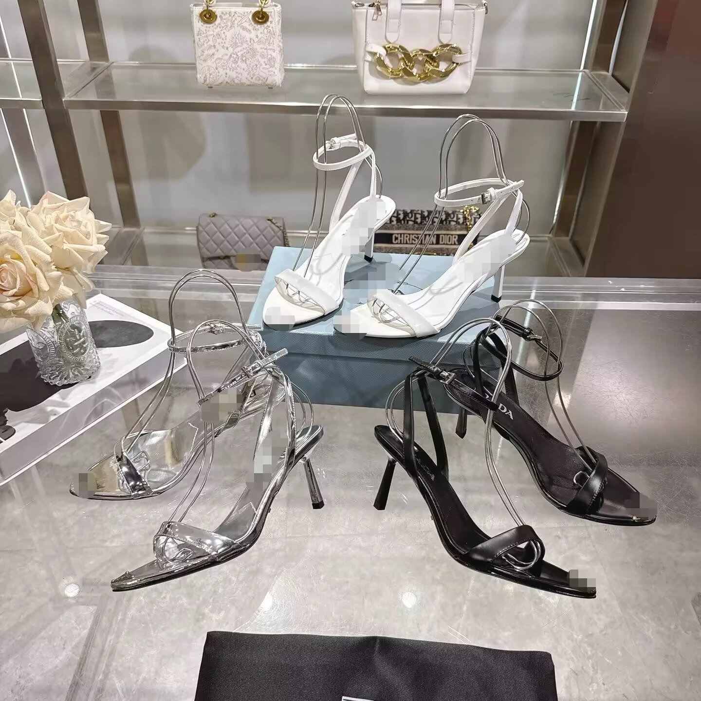 Prada Women's Ankle-Strap Stiletto Sandals Metallic Ring Detail White Silver Black