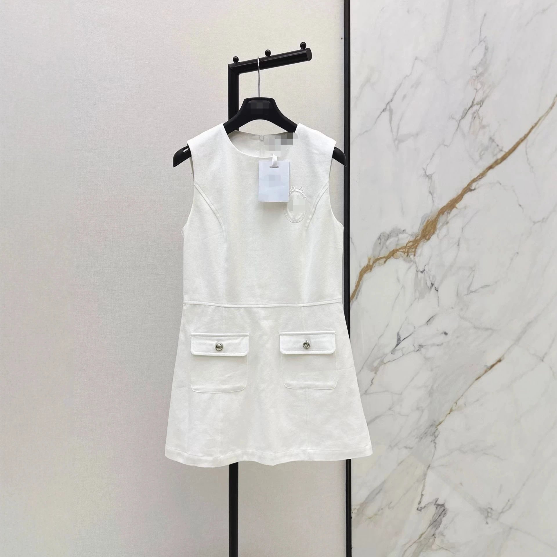 Chanel White Sleeveless A-Line Dress with Silver CC Button Flap Pockets