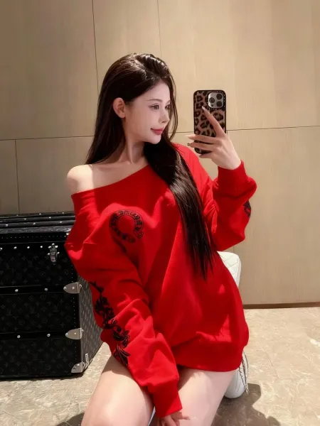 Chrome Hearts x Unspecified Designer Red Off-Shoulder Embroidered Hoodie - 6