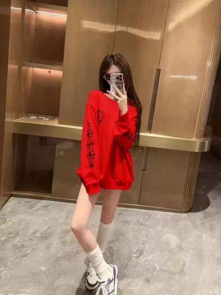 Chrome Hearts x Unspecified Designer Red Off-Shoulder Embroidered Hoodie - 8