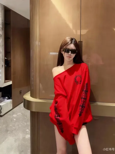 Chrome Hearts x Unspecified Designer Red Off-Shoulder Embroidered Hoodie - 9