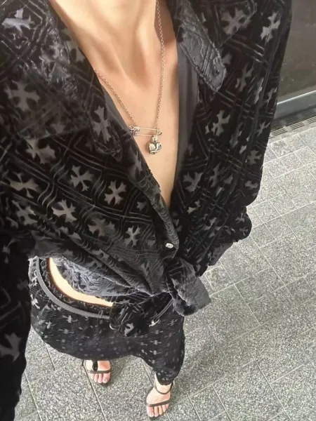 Chrome Hearts Cross Pattern Velvet Shirt Black - 8