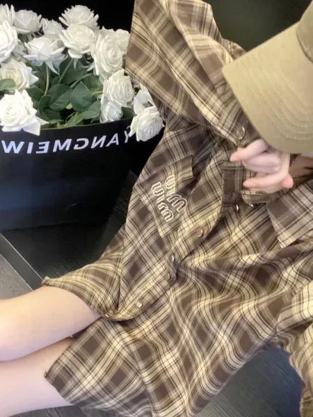 MMY Plaid Shirt Navy Beige Check Shirt - 7