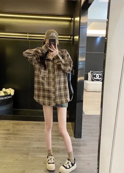 MMY Plaid Shirt Navy Beige Check Shirt - 11