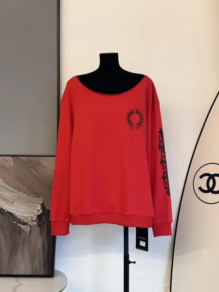 Chrome Hearts x Unspecified Designer Red Off-Shoulder Embroidered Hoodie - 5