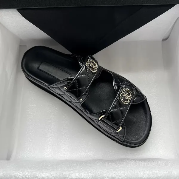 Chanel CC Logo Quilted Leather Sandals Black - 6