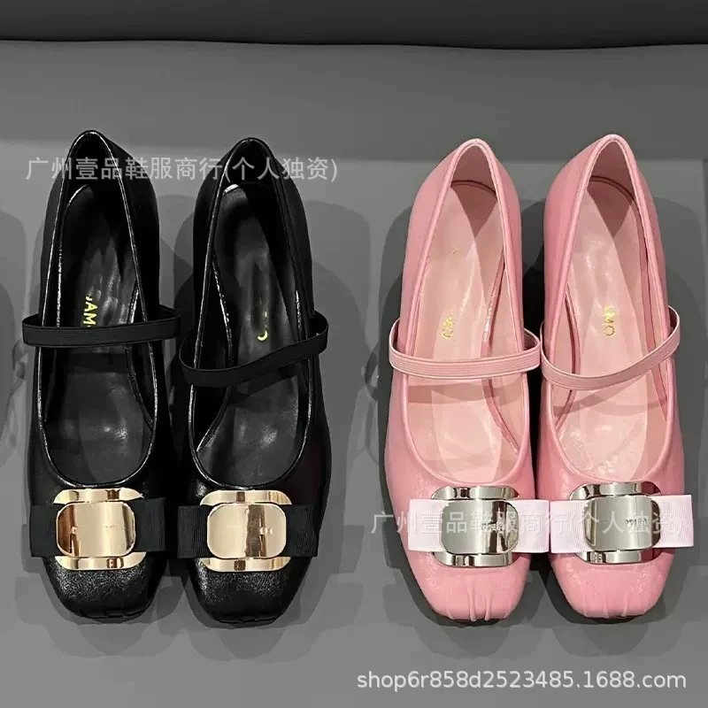 Black Mary Jane Flats with Gold Buckle Detail Leather Shoes - 3