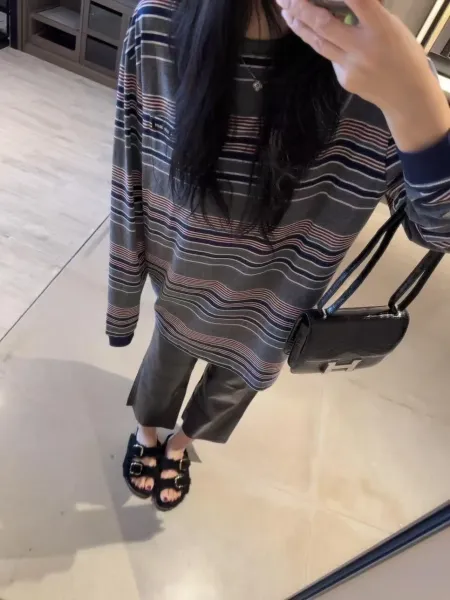 Miu Miu Striped Long-Sleeve T-Shirt with Chest Pocket in Gray and Navy - 5