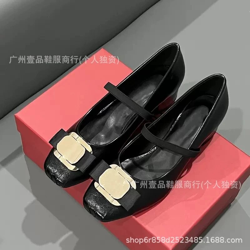 Black Mary Jane Flats with Gold Buckle Detail Leather Shoes - 9