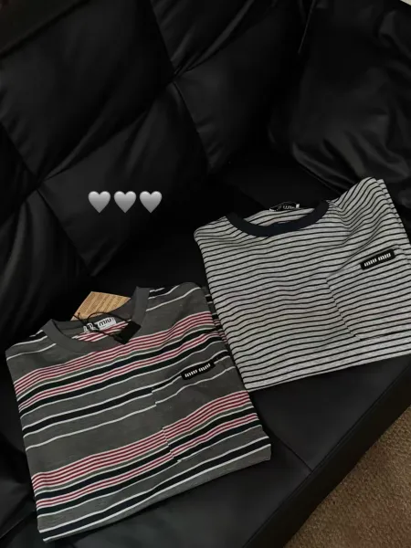 Miu Miu Striped Long-Sleeve T-Shirt with Chest Pocket in Gray and Navy - 4