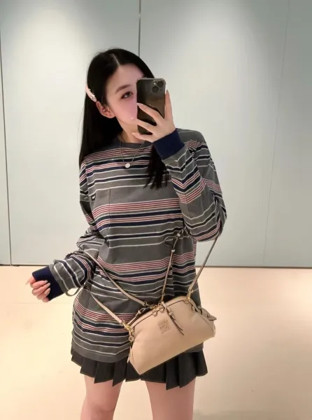 Miu Miu Striped Long-Sleeve T-Shirt with Chest Pocket in Gray and Navy - 10
