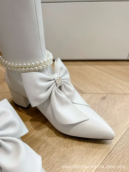 Chanel-Inspired Pearl Bow Knee Boots Black - 15