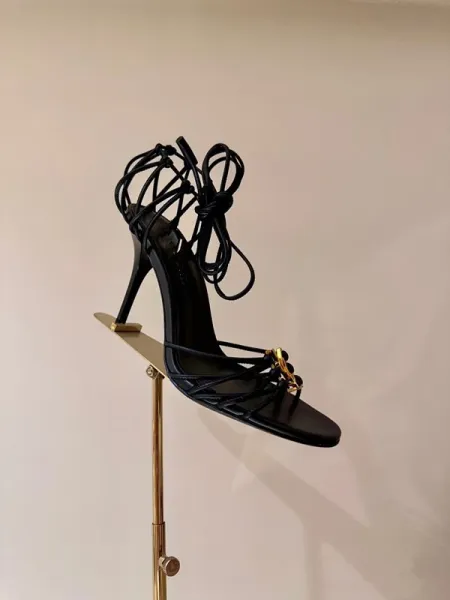 Saint Laurent Monogram Lace-Up Sandals Black Heels - 2