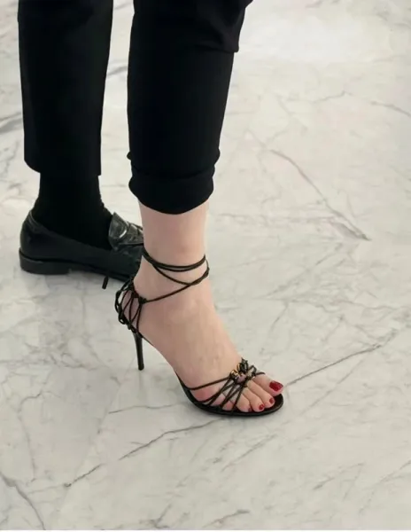 Saint Laurent Monogram Lace-Up Sandals Black Heels - 10