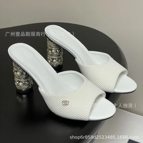 Chanel Mule Sandals with Crystal-Embellished Block Heel in Beige and White - 8