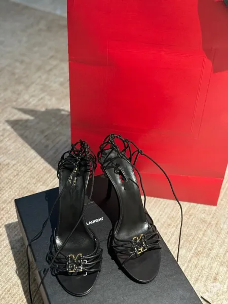 Saint Laurent Monogram Lace-Up Sandals Black Heels - 7