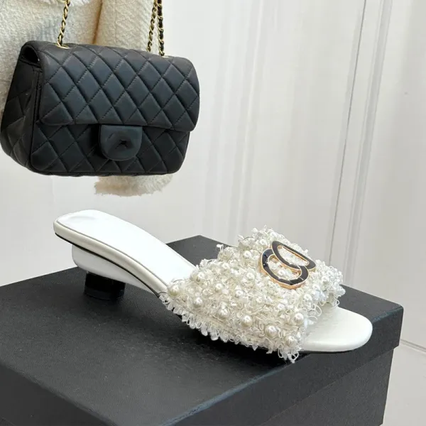 Chanel-inspired Pearl-Embellished Tweed Mule Black Shoes - 6