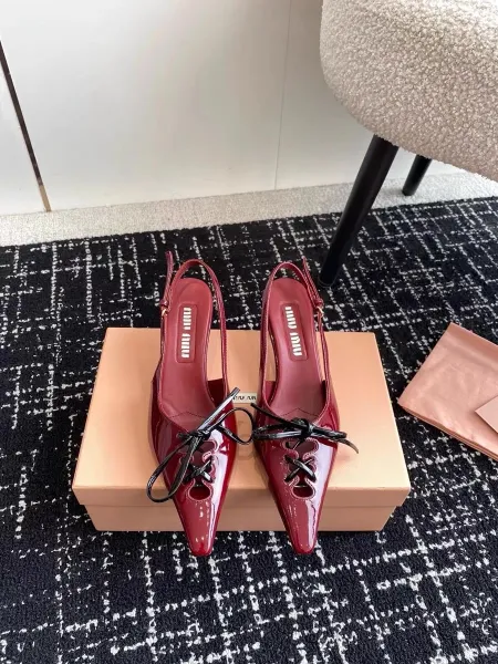 Miu Miu Lace-Up Patent Leather Slingback Heels Burgundy - 8