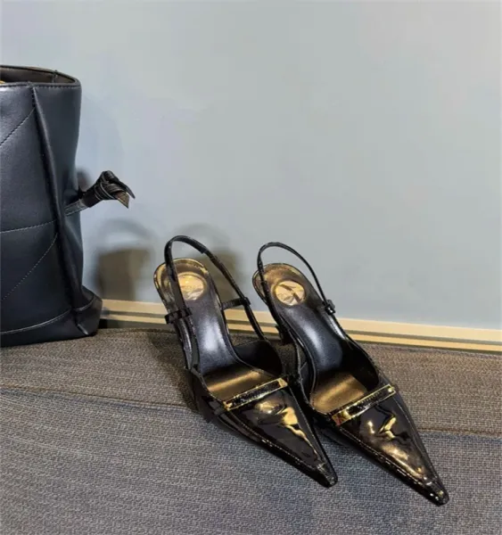 Saint Tears Pointed-Toe Slingback Heels Black Patent Leather - 6
