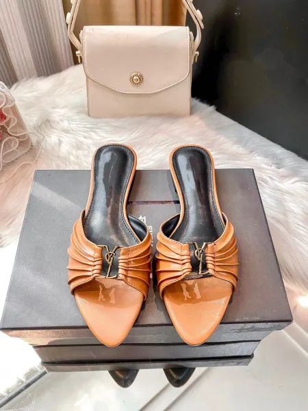 Saint Laurent Ruched Mule Tan Leather Slippers - 3