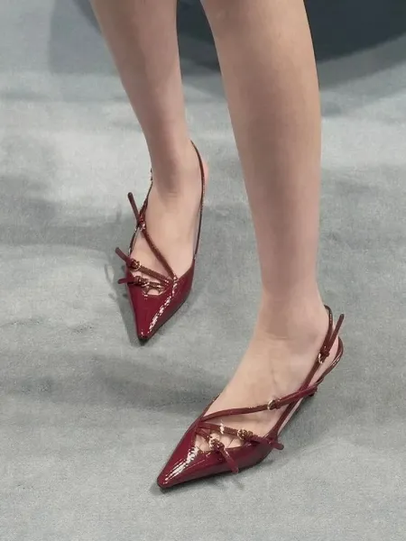 Burgundy Patent Leather Strappy Pointed-Toe Slingback Heels - 9
