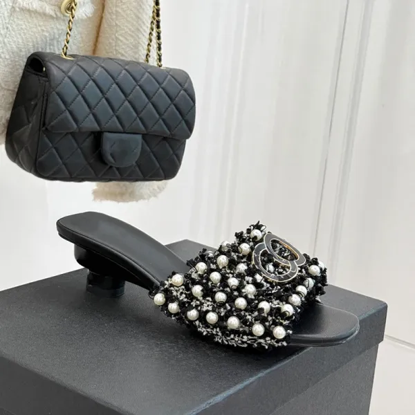 Chanel-inspired Pearl-Embellished Tweed Mule Black Shoes - 7