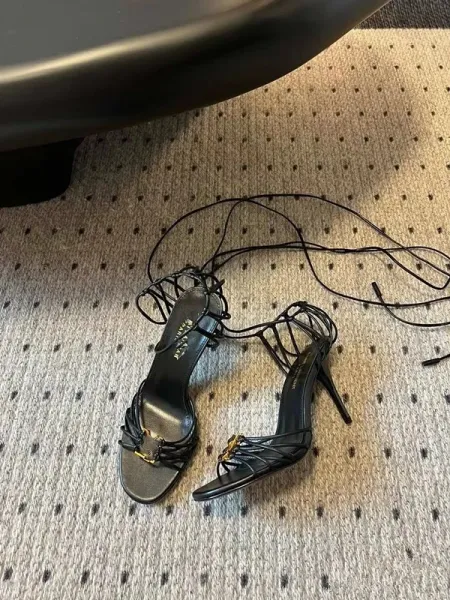 Saint Laurent Monogram Lace-Up Sandals Black Heels - 5
