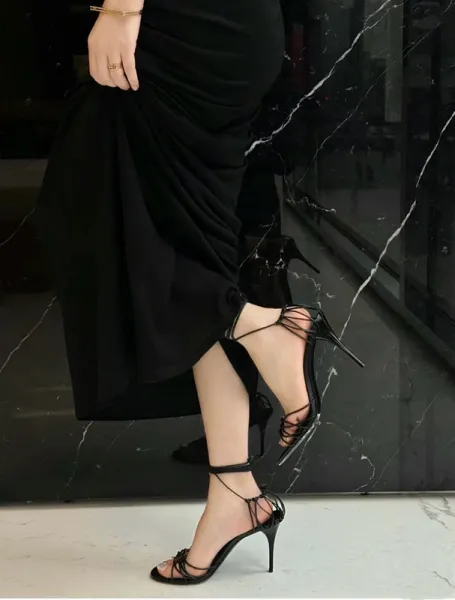 Saint Laurent Monogram Lace-Up Sandals Black Heels - 13