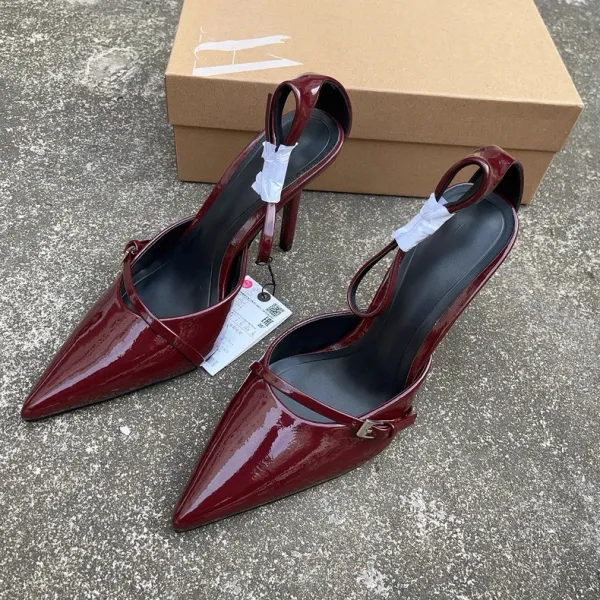 Burgundy Patent Leather Pointed-Toe Slingback Stilettos - 5