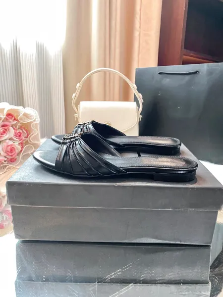 Saint Laurent Ruched Mule Tan Leather Slippers - 9