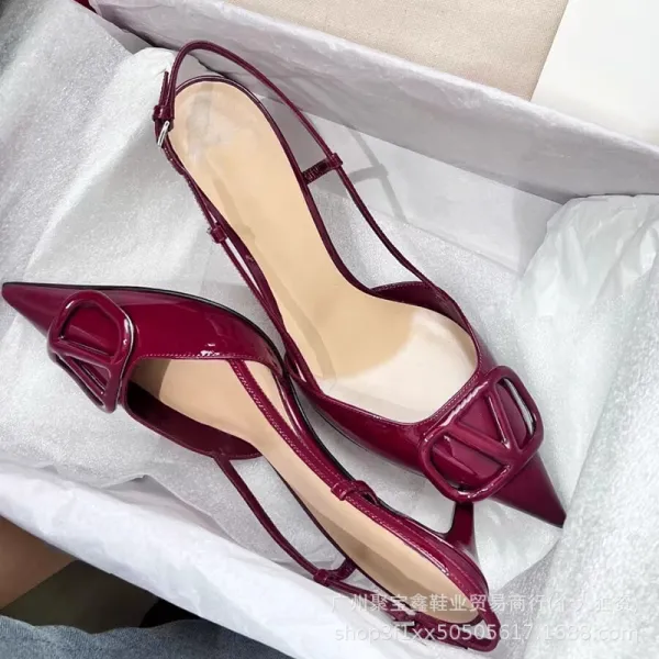 Valentino Garavani Rockstud Spike Burgundy Patent Leather Slingback Stilettos - 16