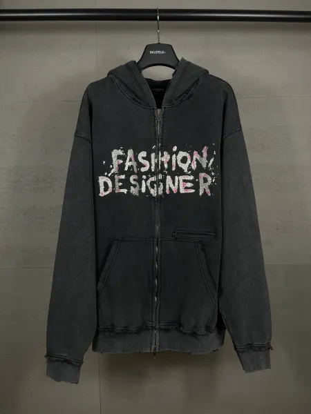 Balenciaga Fashion Designer Distressed Denim Hoodie Black - 8